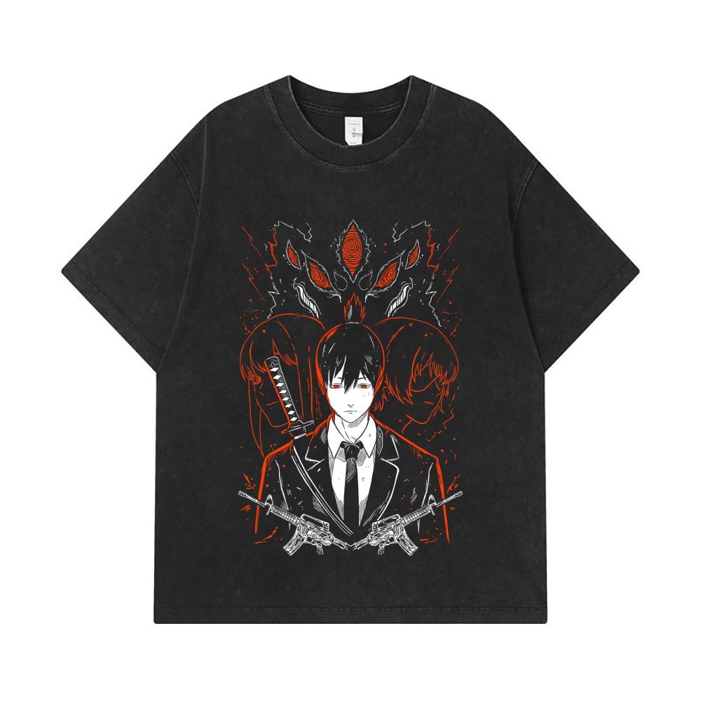 Koszulki GSM Washed Bawełna Chainsaw Man V Aki Nadruk Unisex Ciężka Bawełniana Koszulka