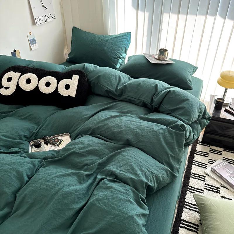 Washed Cotton Bed Linen Bedding Set 3/4 Pieces Bed Sheets Set Solid Color Comforter Cover Couple Queen King Size Bed Quilt Cover