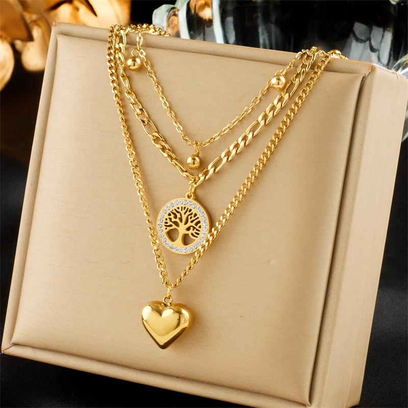 

Vintage Titanium Steel Multi-Layer Chain Necklace with Heart Round Plate & Tree of Life Pendant one size