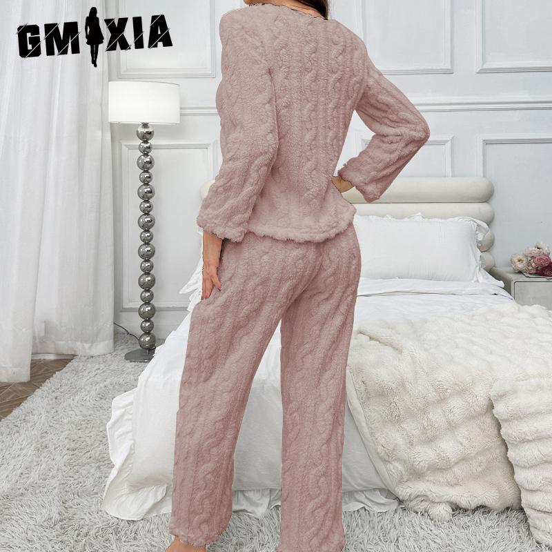 GMXIA Simple Leisure Solid Colour Home Wear Pajamas Suit Striped Pajamas Women Long Sleeves and Trousers Can Be Worn Outside