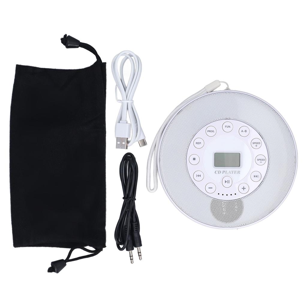 CD player portabil cu difuzoare anti-sărire, 1500mAh, reîncărcabil, CD player pentru CD, CD RW, MP3, alb