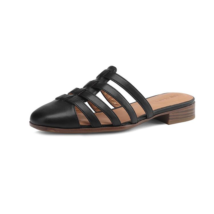 Fashion 2025 New Summer Shoes Women Square Toe Shoes for Women Split Leather Women Slippers Low Heels Mules Handmade Gladiator Shoes