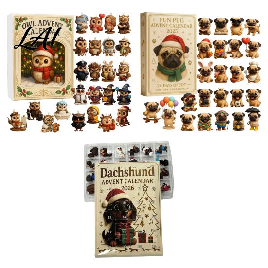 Niedliche Tier-Spielzeugsammlung 2026 Eule/Hundetage Weihnachten 24 Adventskalender Countdown mit Mini-Überraschungsgeschenk Figuren-Anhänger PVC Sammlerstück