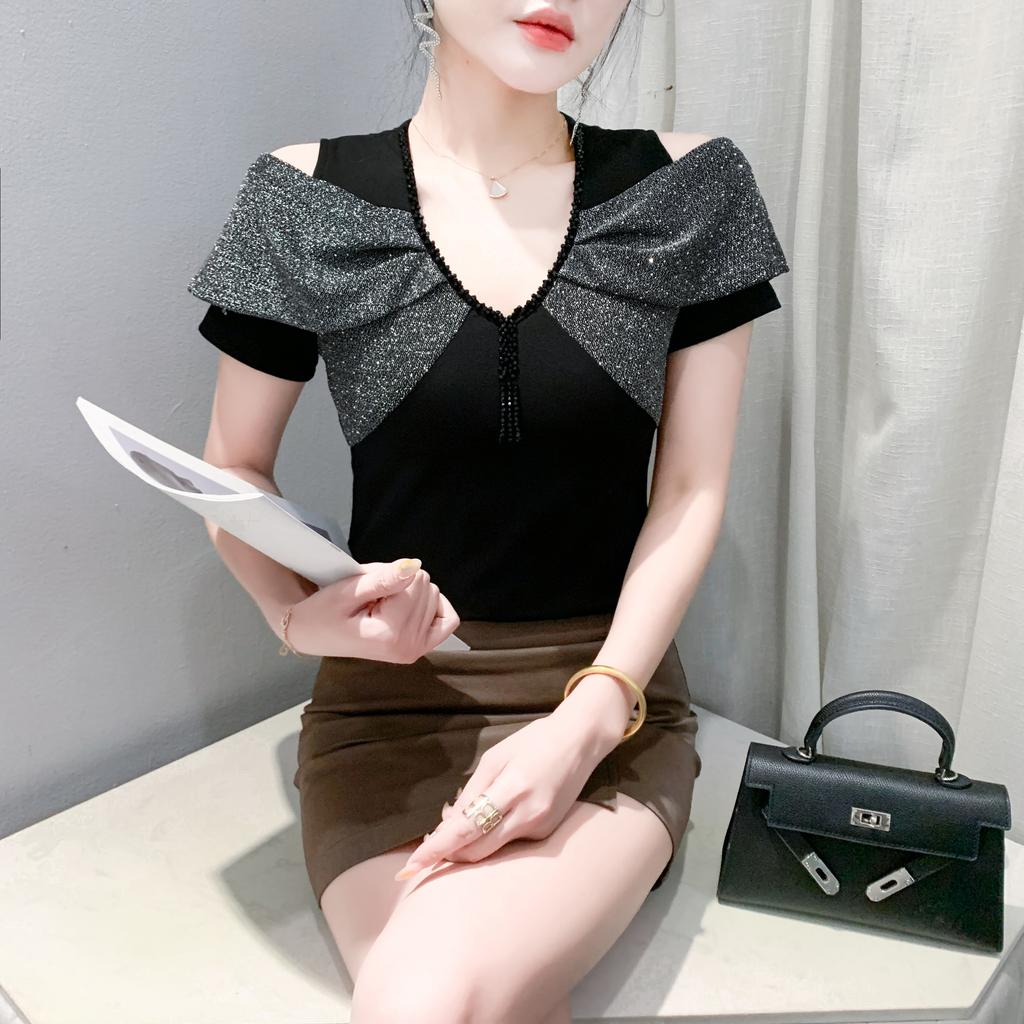Summer Sexy Off Shoulder Beading T-shirt Women's Short Sleeves Tassels Design Tees New Cotton Female Tops