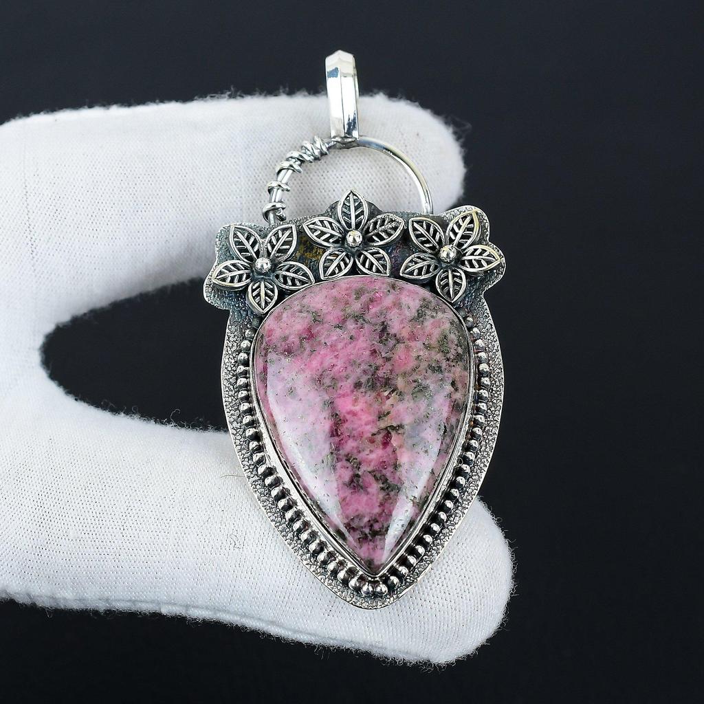 Natürlicher Rhodochrosit Edelstein Silberanhänger in 925 Sterlingsilber - Handgefertigtes Blumendesign, Alltagsschmuck, Einzigartiger Anhänger Party-Wear Geschenk