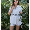 Spring New Women's Clothing Hong Kong Style Comfortable Lapel Long Sleeves Stripes Shirt + Casual Loose Stripes Shorts Suit