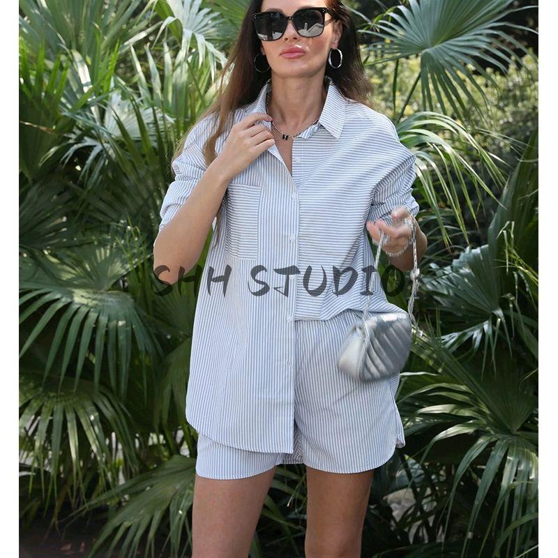 Spring New Women's Clothing Hong Kong Style Comfortable Lapel Long Sleeves Stripes Shirt + Casual Loose Stripes Shorts Suit