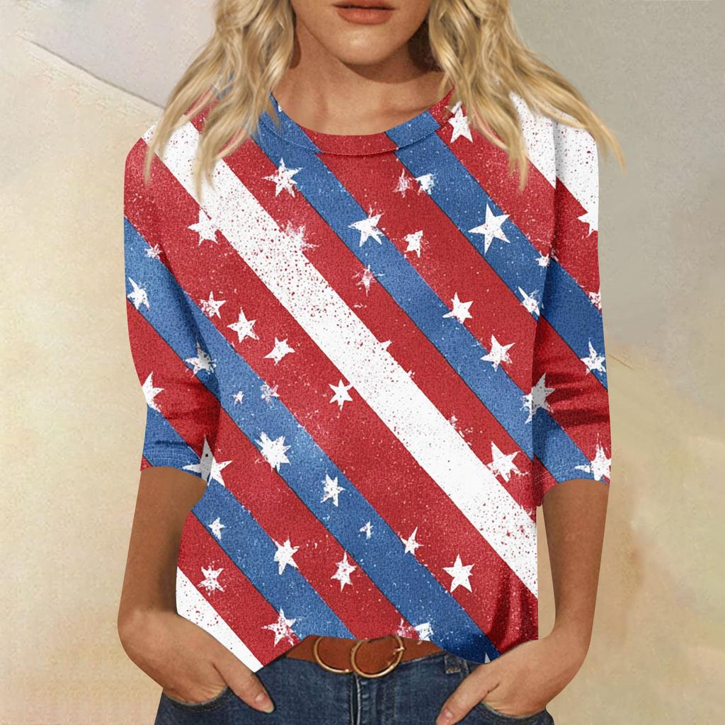 Women's Fashion Casual Seven-Sleeve Independence Day Print Round Neck Top