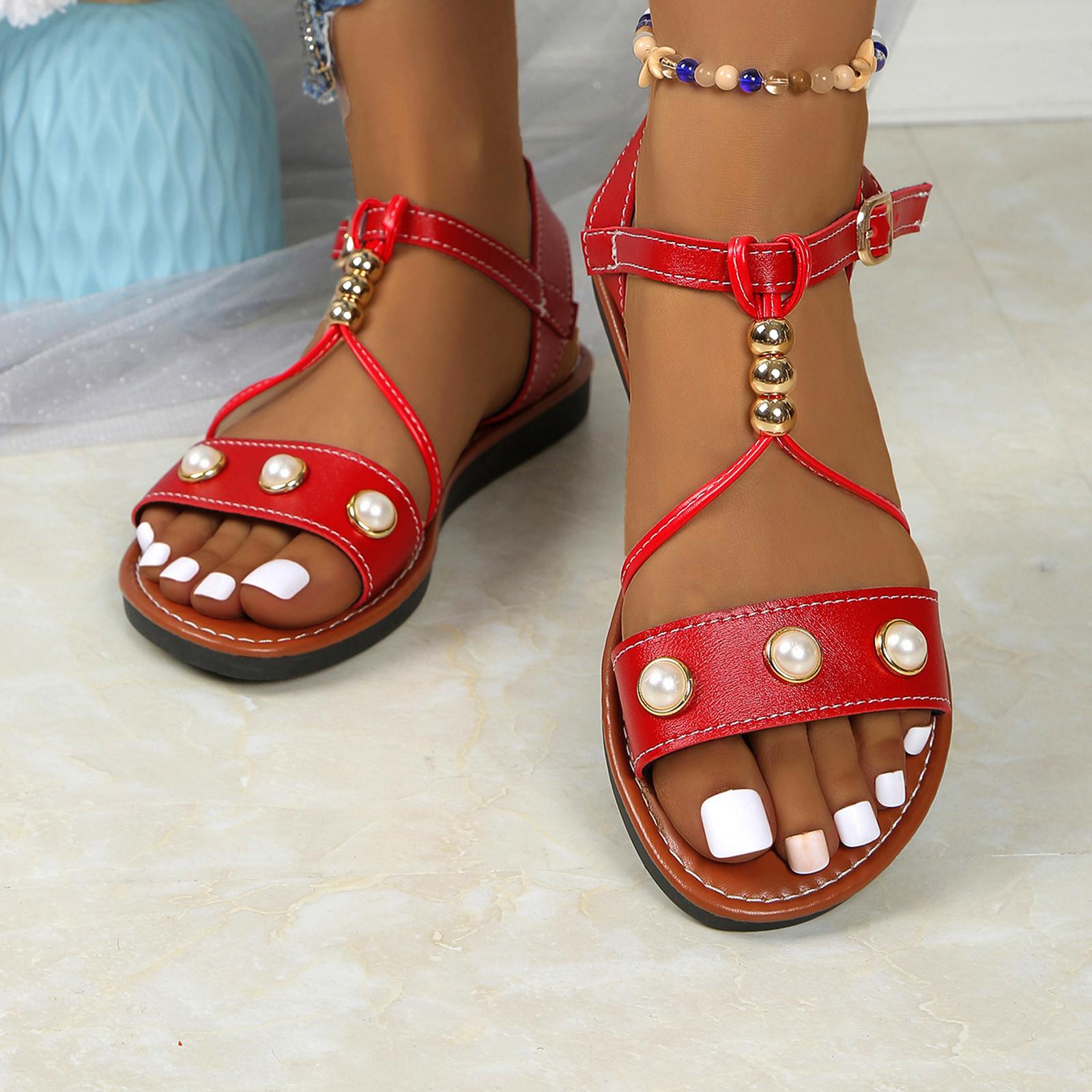 

Summer women s flat bottomed casual pearl decoration color one button with fish mouth sandals 43 червоний