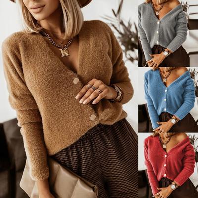 Damen-Pullover-Cardigan-Oberteil mit einfarbigem Körper und lockerem Metallknopf