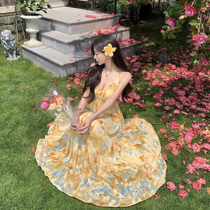 French Dopamine Yellow Beautiful Seaside Fairy Fluttering Holiday Pendulum Suspender Dress Printed Photo Dress