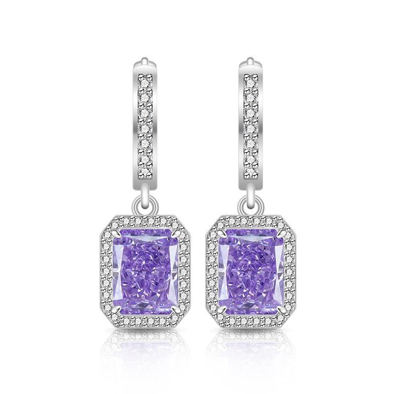 2026 Colored Treasure Ice Flower Cut High Carbon Diamond Square Earrings Plated with Real Gold Smart Luxury Ear Hook Ear Jewelry