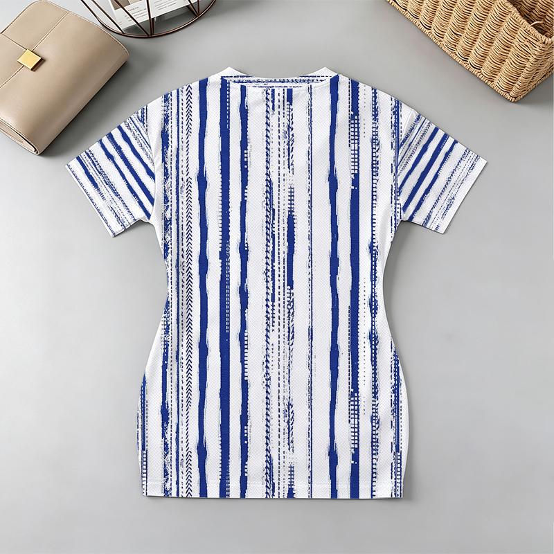 Women's Blue White Striped Short Tight Dress Slim Fit V-Neck Short Sleeve, Comfortable Fabric, Seaside, Street & Night Market Summer Wear
