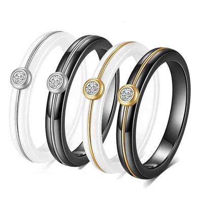 4MM Luxury Zircon Ceramic Black White Ring For Women Finger Jewelry Wedding Engagement Accessories Gift