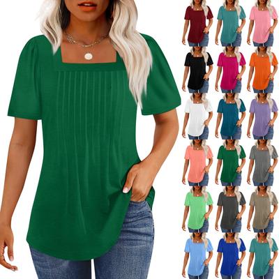 T Shirts For Women Pleated Square Neck Dressy Casual Blouses Solid Color Short Sleeve Summer Tops Loose Fit