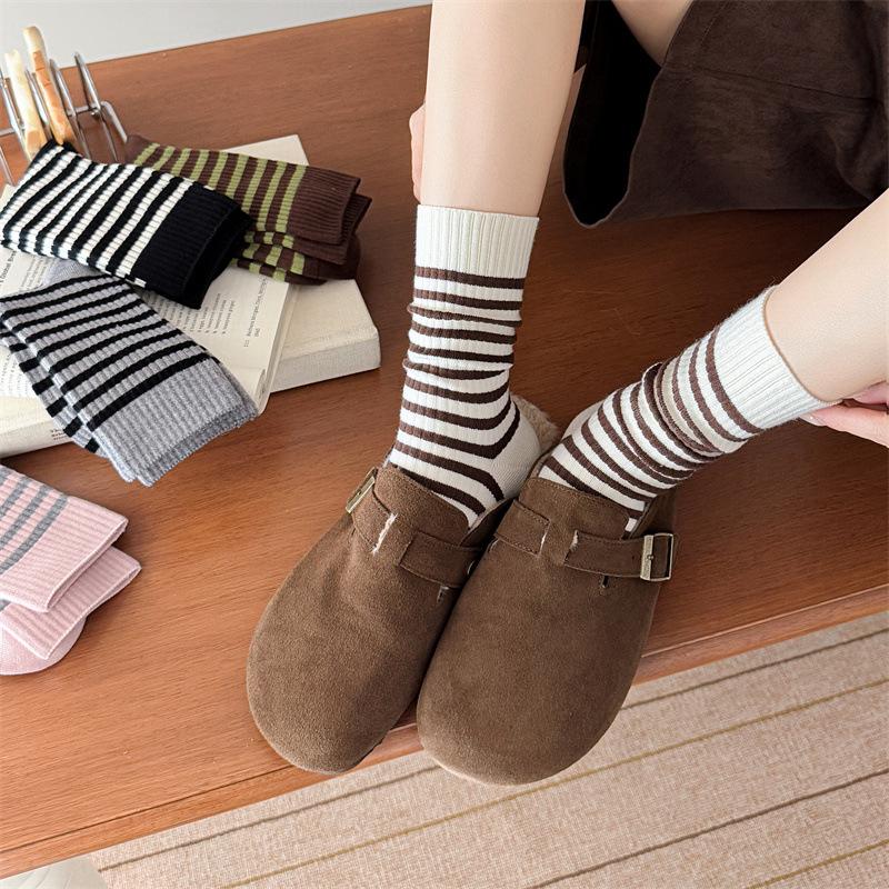 Autumn and Winter Mid-calf Socks for Women, Casual Striped School Style Warm Socks, Comfortable and Soft Pile Socks