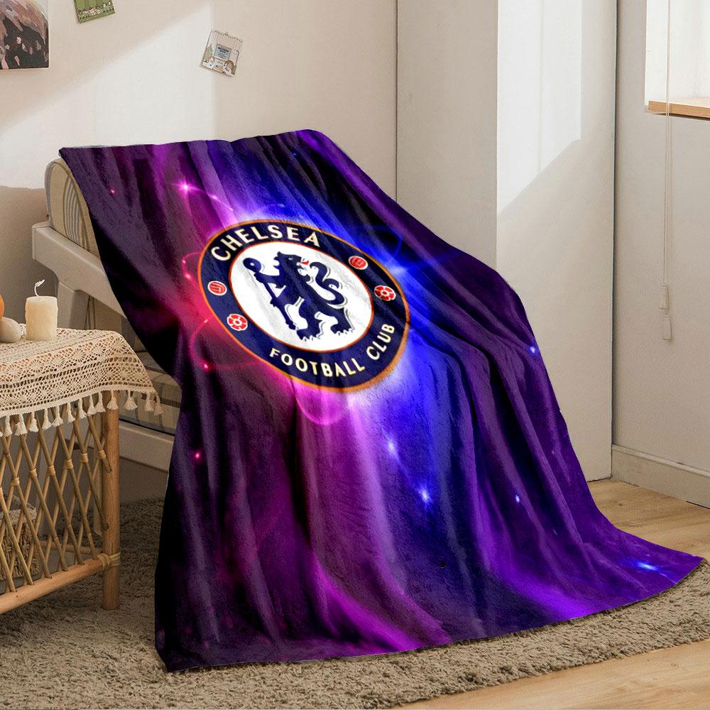 Blue and red glowing swirls surround a circular Chelsea Football Club logo. for all seasons blanket lunch break throw gift