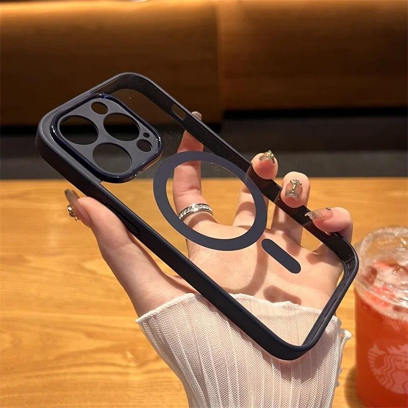 Luxury Magnetic Wireless Charge For Magsafe Case For iPhone 16 15 14 13 12 11 Pro Max Lens Protection Bumper Transparent Cover
