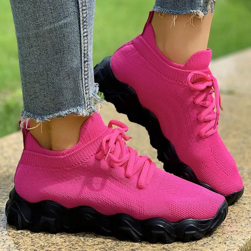 Fashion Rose Red Mesh Flat Vulcanize Shoes Women Summer Comfort Breathable Soft Sole Sneakers Plus Size Thick Sole Non Slip Casual Shoes