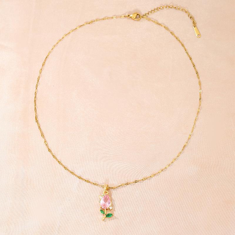 Colier cu lalea roz și zirconiu, design elegant, pentru femei, cu pandantiv floral versatil și proaspăt natural