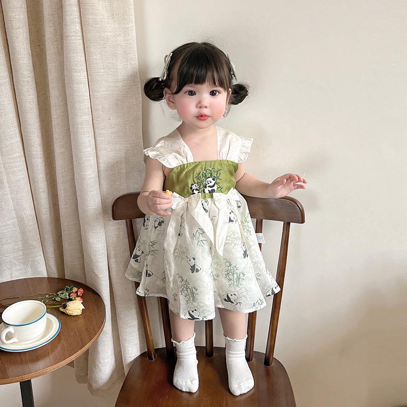 2025 Summer Baby Girls' Chinese Style Puff Sleeve Sling Dress with Frog Buttons - Princess Design for One-Year-Old