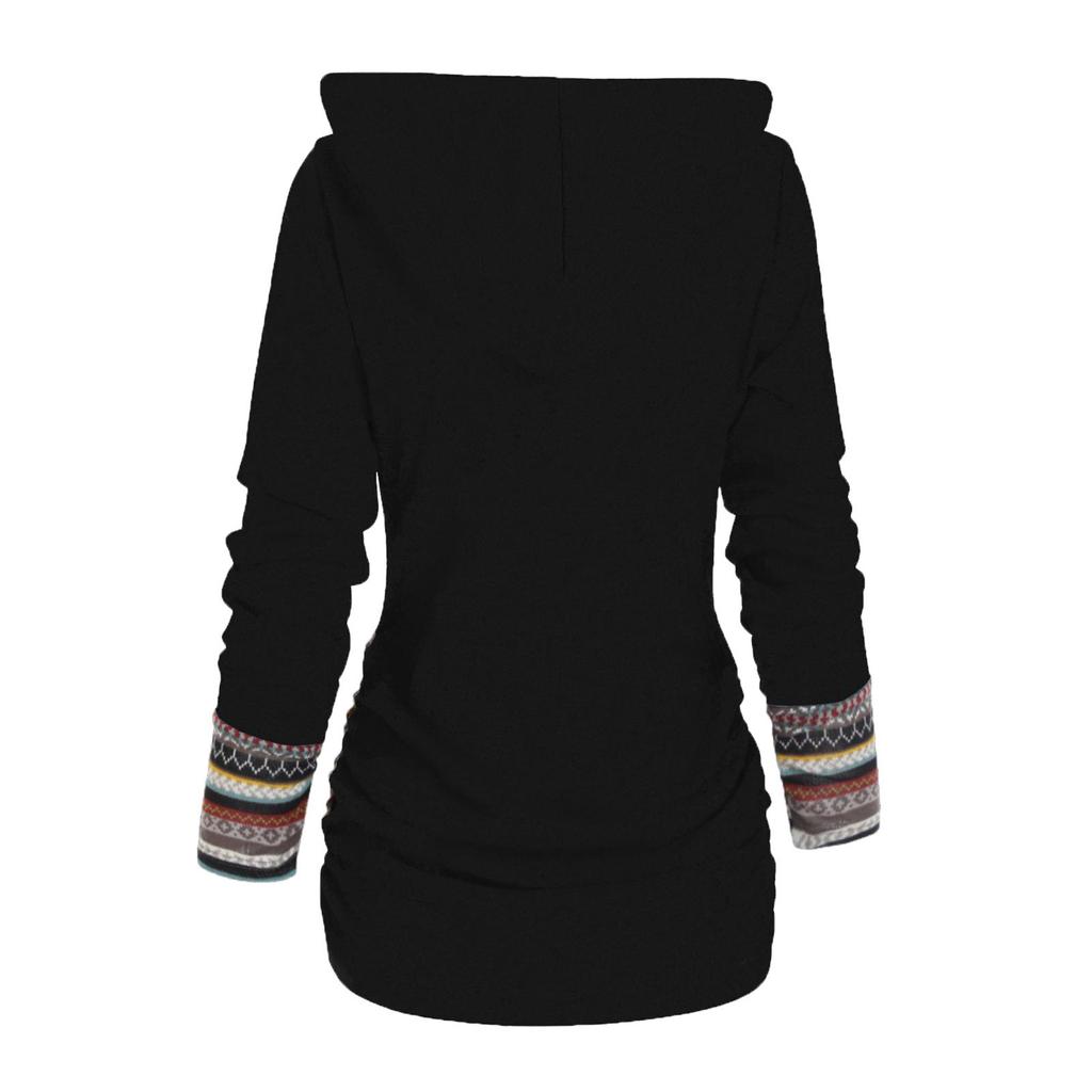 Geometric Stripe Panel Hooded Top Long Sleeve Button Top Pullover Tops For Women