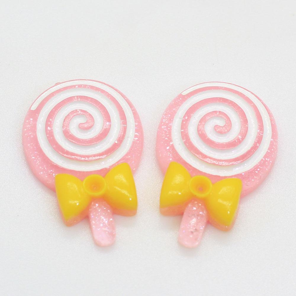 Mixed Color 100PCS Glitter Lolly With Bow Resin Lollipop Candy Scrapbook DIY Kawaii Cabochon