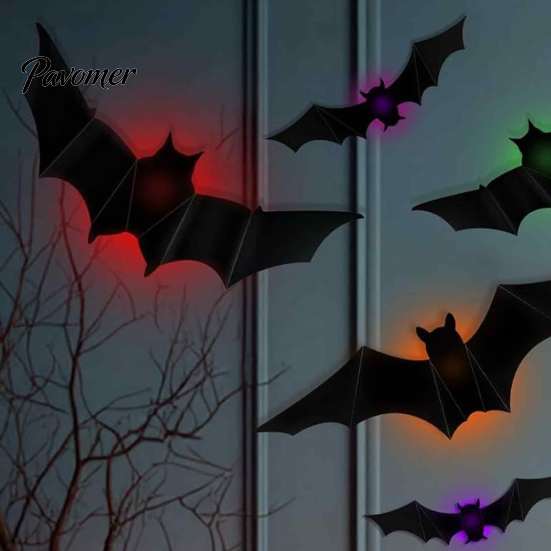 Easy Install Wall Stickers 48Pcs Halloween Bats Decor, LED Light Up Bats, 12 Lights with Remote, Spooky Home Decor for 6 Sizes 3D Indoor Window