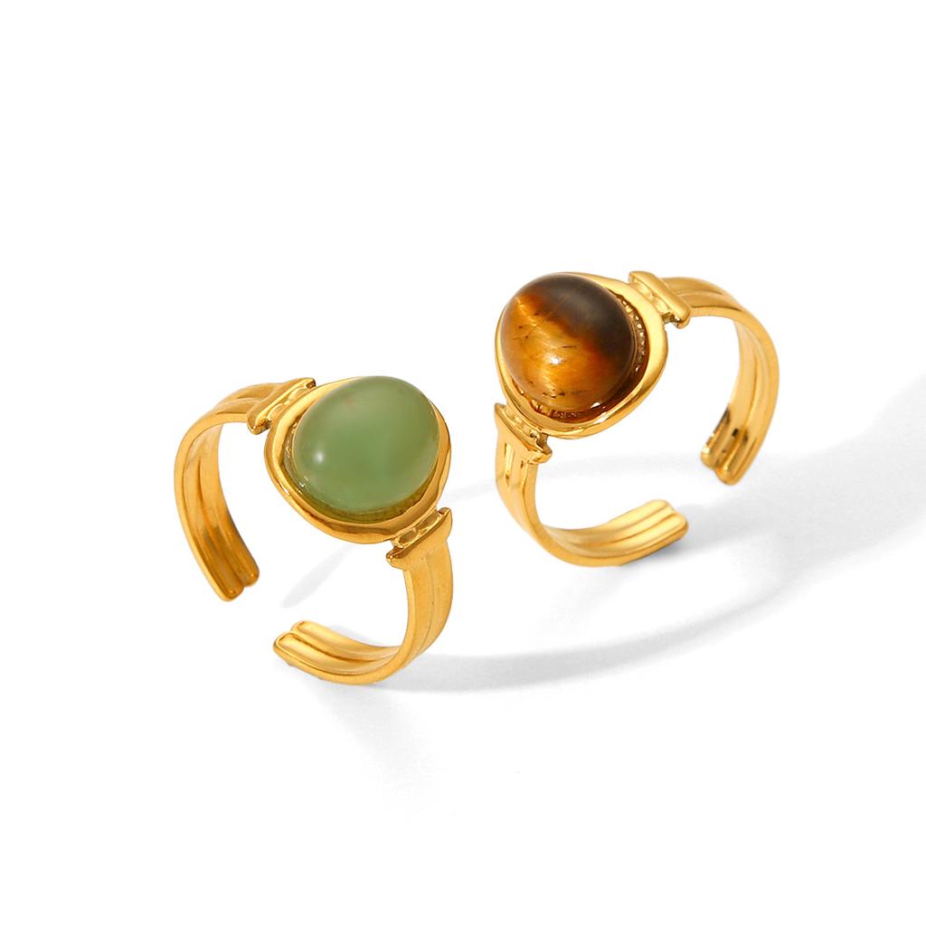 French Retro Court Style Natural Tiger Eye Stone Stainless Steel Ring for Women, Non-fading Titanium Steel Open Ring