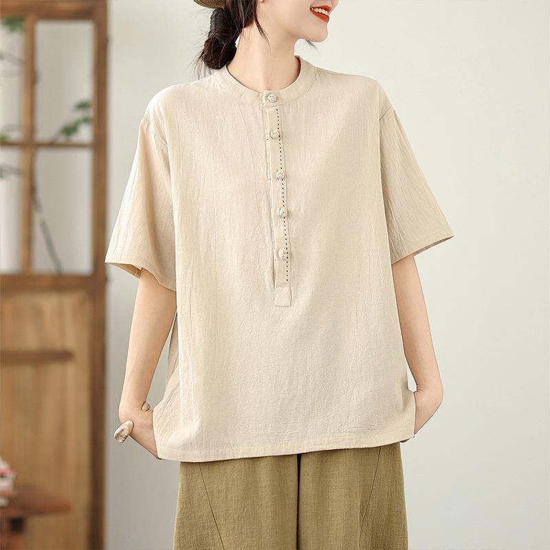

Рубашка в стиле ретро с воротником-стойкой и короткими рукавами женская, лето 2025, однотонная, из хлопка и льна, пуловер, топ 2XL