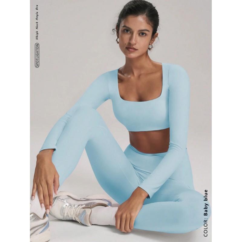 5-Color Solid Long Sleeve Yoga Set Women With High-Waisted Tapered Leggings Quick-Dry Stretch Fitness Outfit