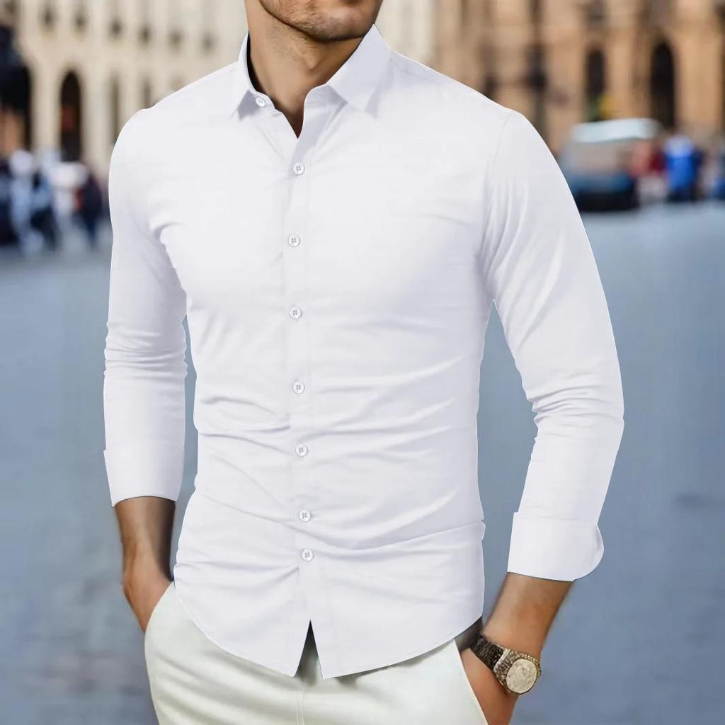 New Men'S Business Casual Long Sleeved Solid Color Shirt Wrinkle Resistant Wrinkle Free Comfortable All Season Versatile Top