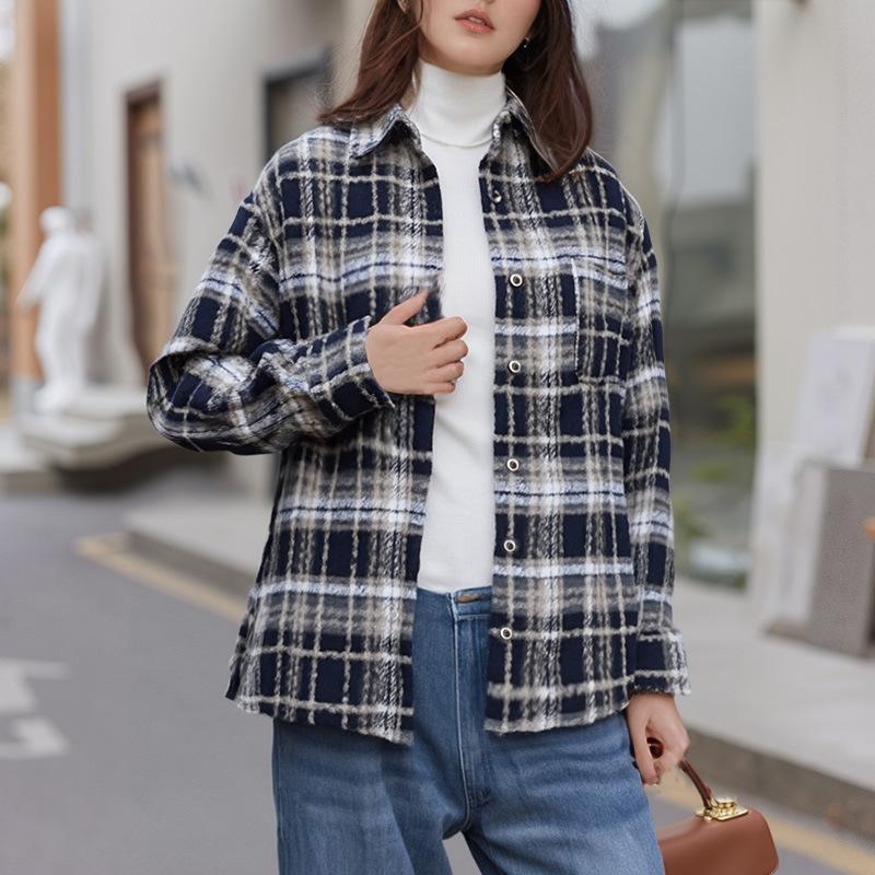 Spring and Autumn New Trend American Retro Wool Plaid Shirt Women's Loose Casual Lazy Lapel Long Sleeve Shirt