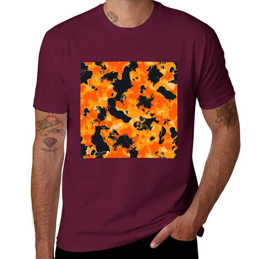 Design Abstract Camouflage Fluid Shapes in Neon Colors T-Shirt Orange Glowing Trippy Luminance Pattern designer clothes2024