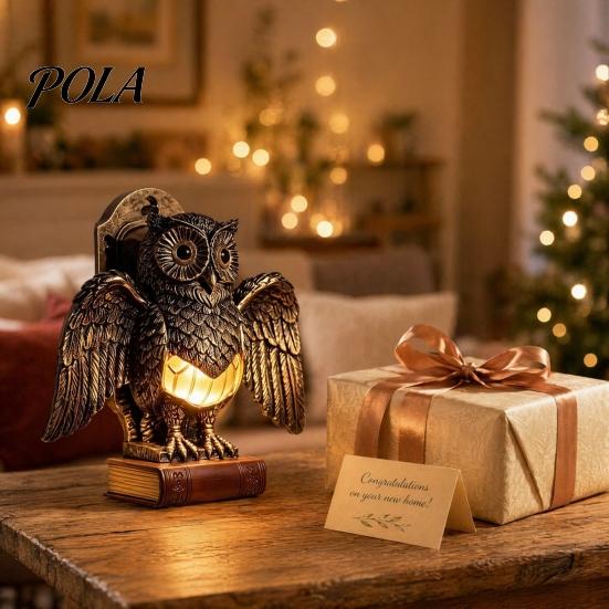 Decorative Small Lamp Table Night Light with Golden Owl, Farmhouse Bedside Style Lighting for Living Room Bedroom Office, Retro Rustic Nightstand