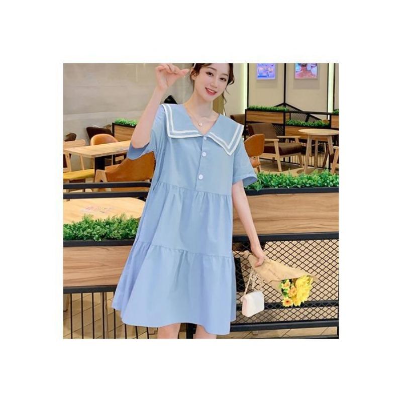 Maternity clothes summer small fresh and sweet navy collar dress women's summer loose large size high waist thin maternity dress