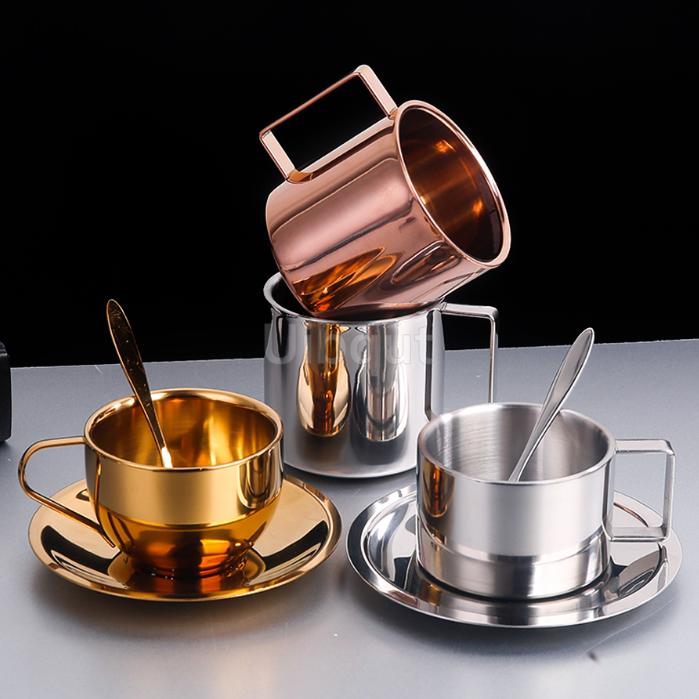 Edelstahl 180ml/200ml Kleine Tasse mit Henkel Doppellagig Hitzebeständig Wasser Kaffee Tee Tasse Set Mit Teller und Löffel Tasse