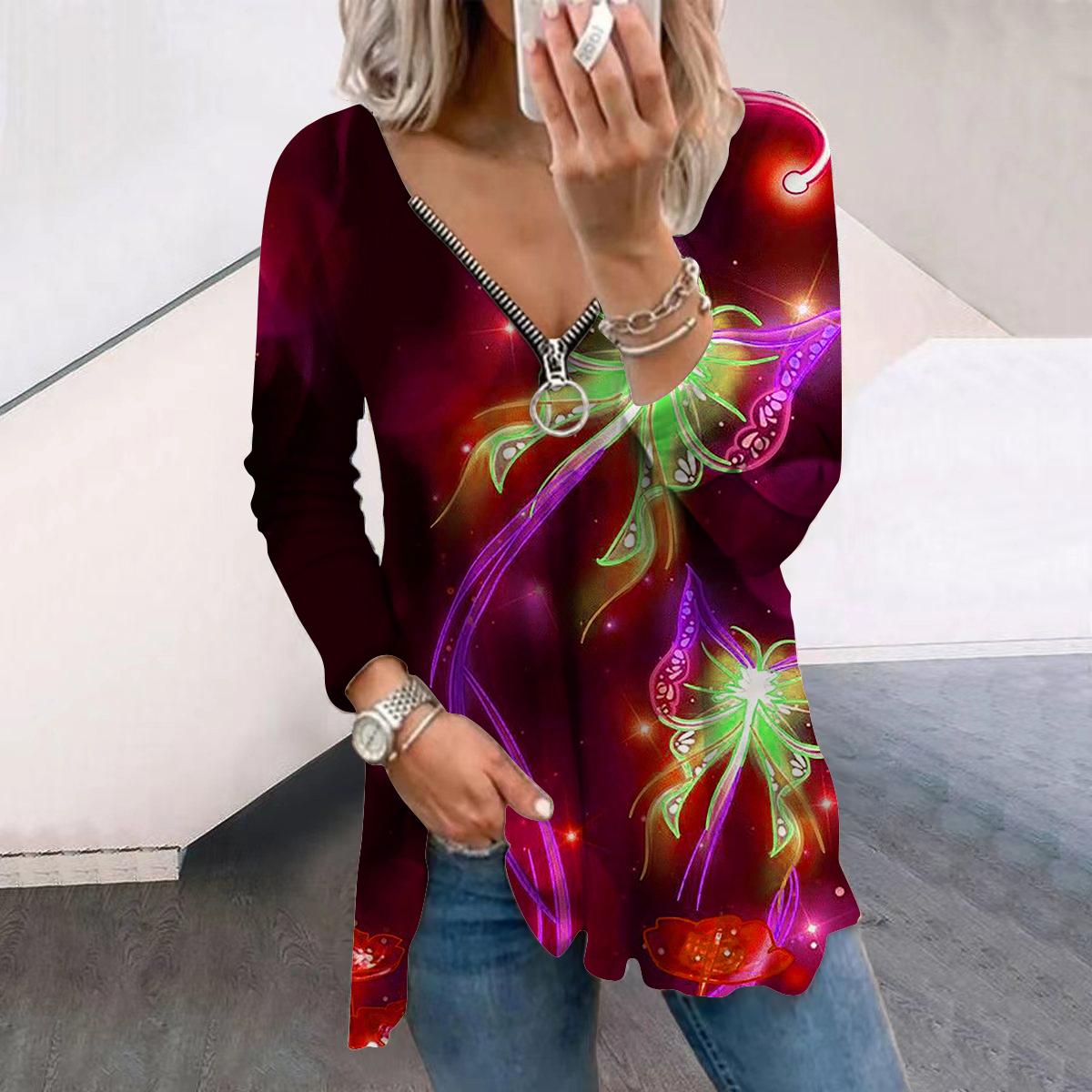 

Женские осенние красочные бабочки с длинным рукавом, свободные футболки с V-образным вырезом, большие размеры, удобные блузки M