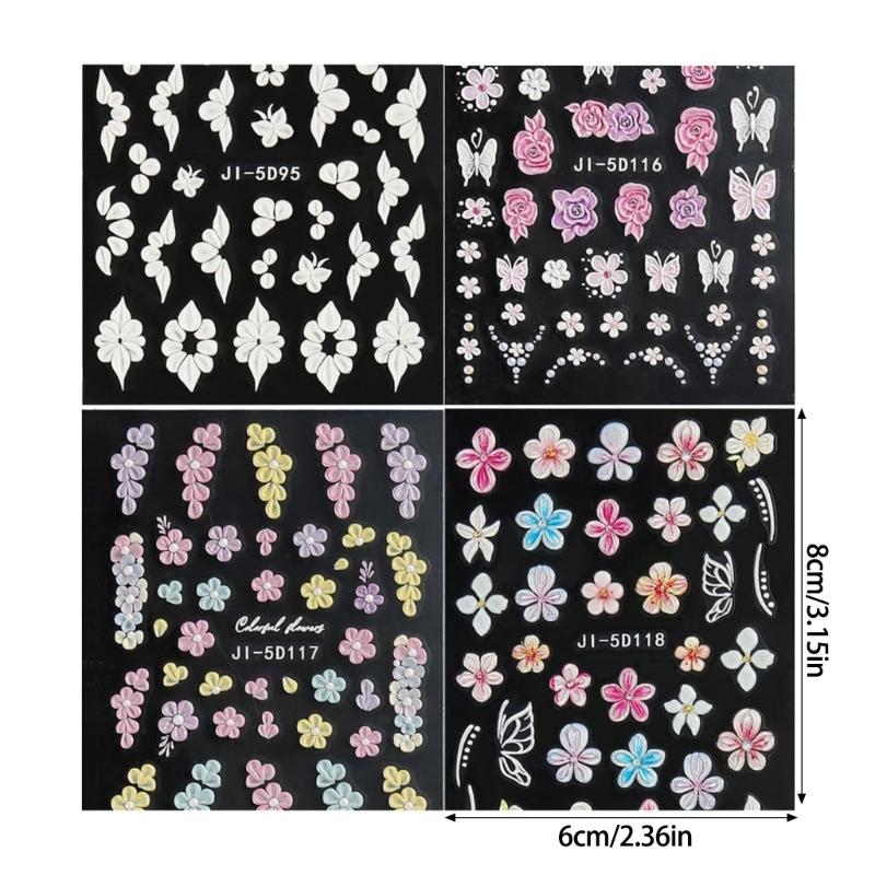 4 Sheets Flowers Nail Decals Simple Nails Art Stickers Sweet Manicure Stickers Adhesive Nail Sticker for Women