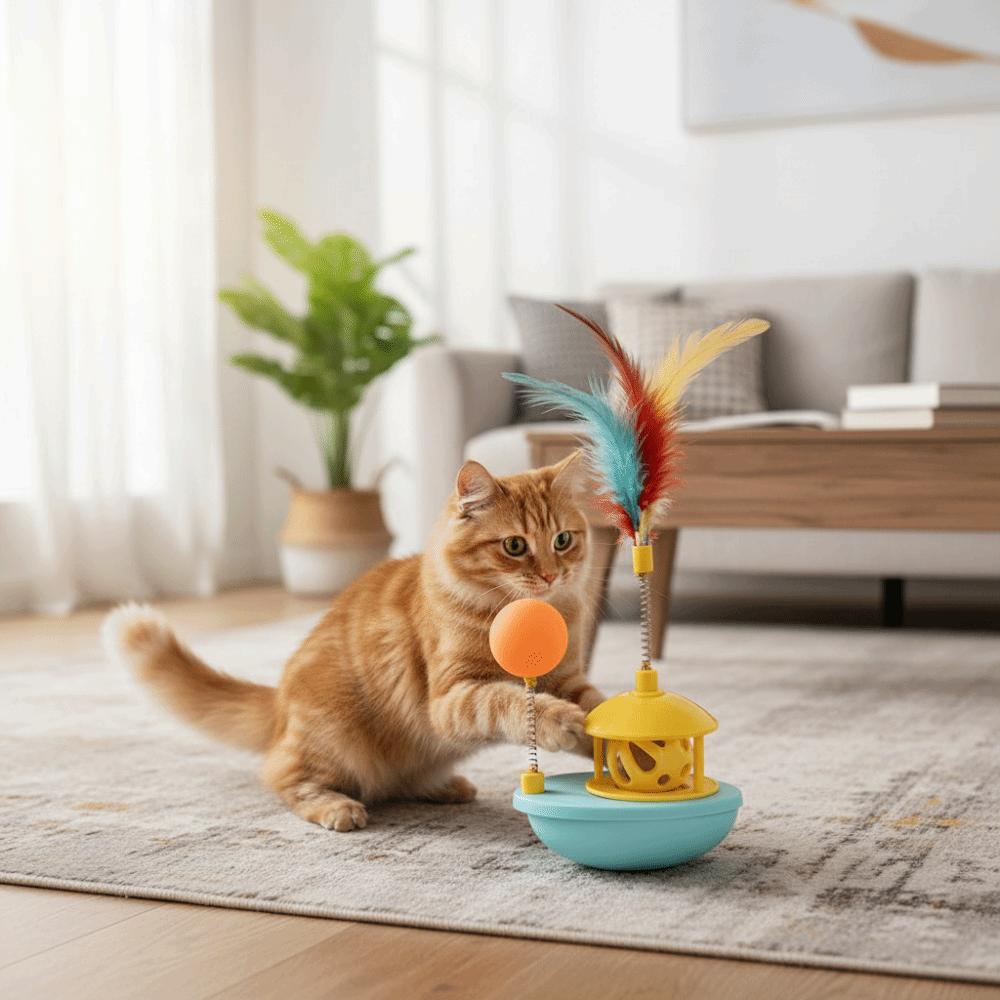 Colorful Feather Cat Interactive Toy Rotating Wobble Tumbler Boat Cat Tumbler Toy Exercise
