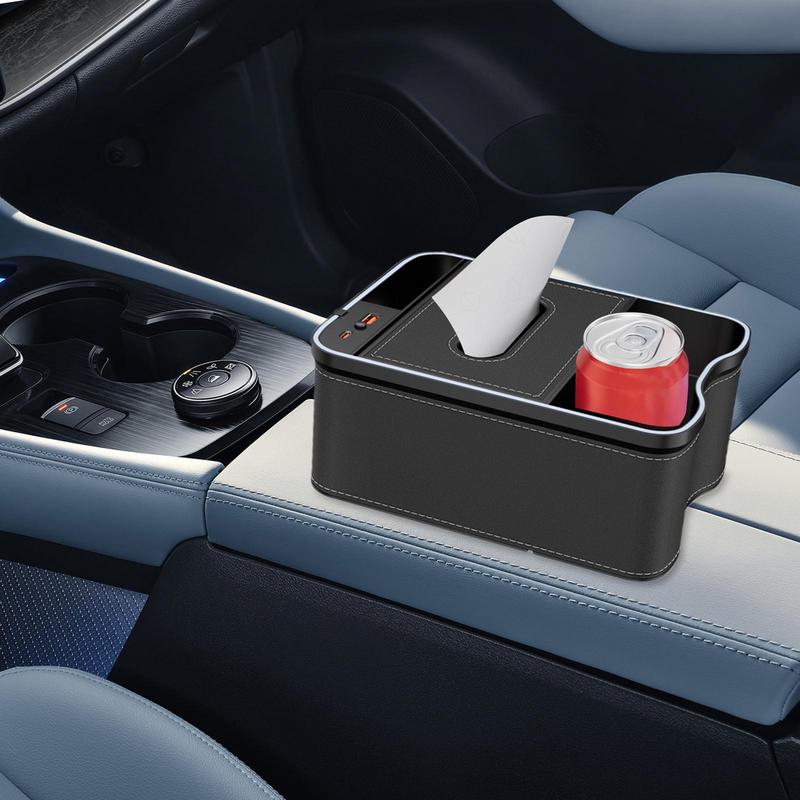 Car Console Organizer Car Organizer Tissue Holder USB Rechargeable Storage Organizer With Ambient Light Tissue Box Cell Phone
