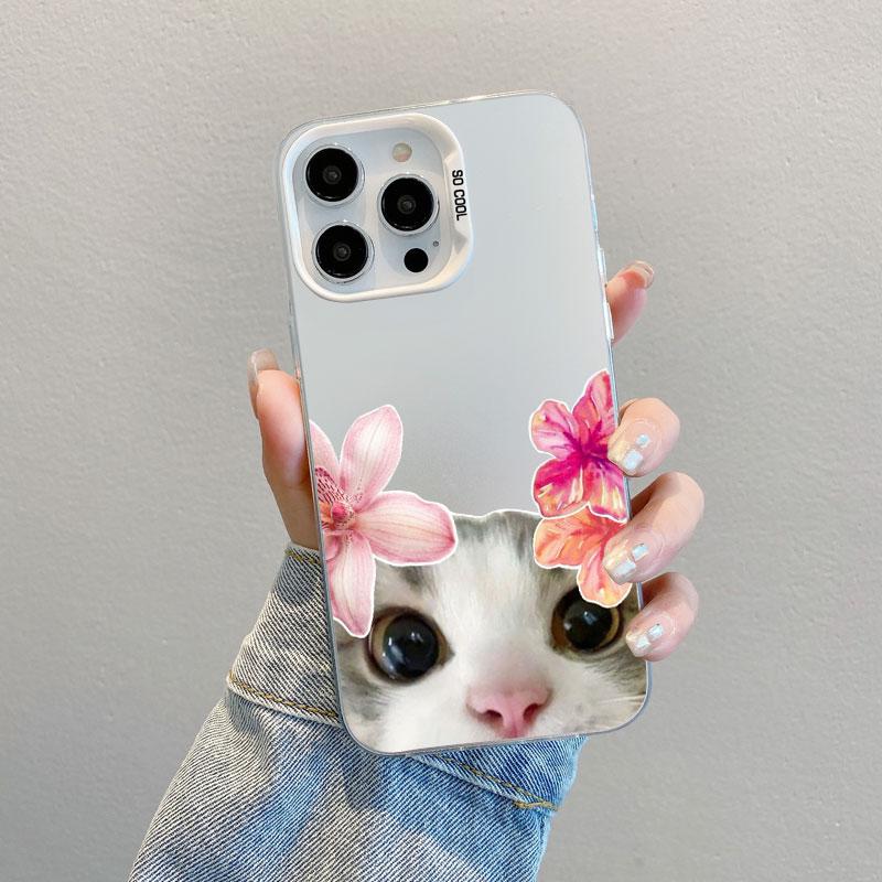 Kitten Cat & Flowers Cute Animals Artistic Laser Phone Case for iPhone 15 14 Pro Max Plus 16 11 12 13 Mini Pro Max Back Coves