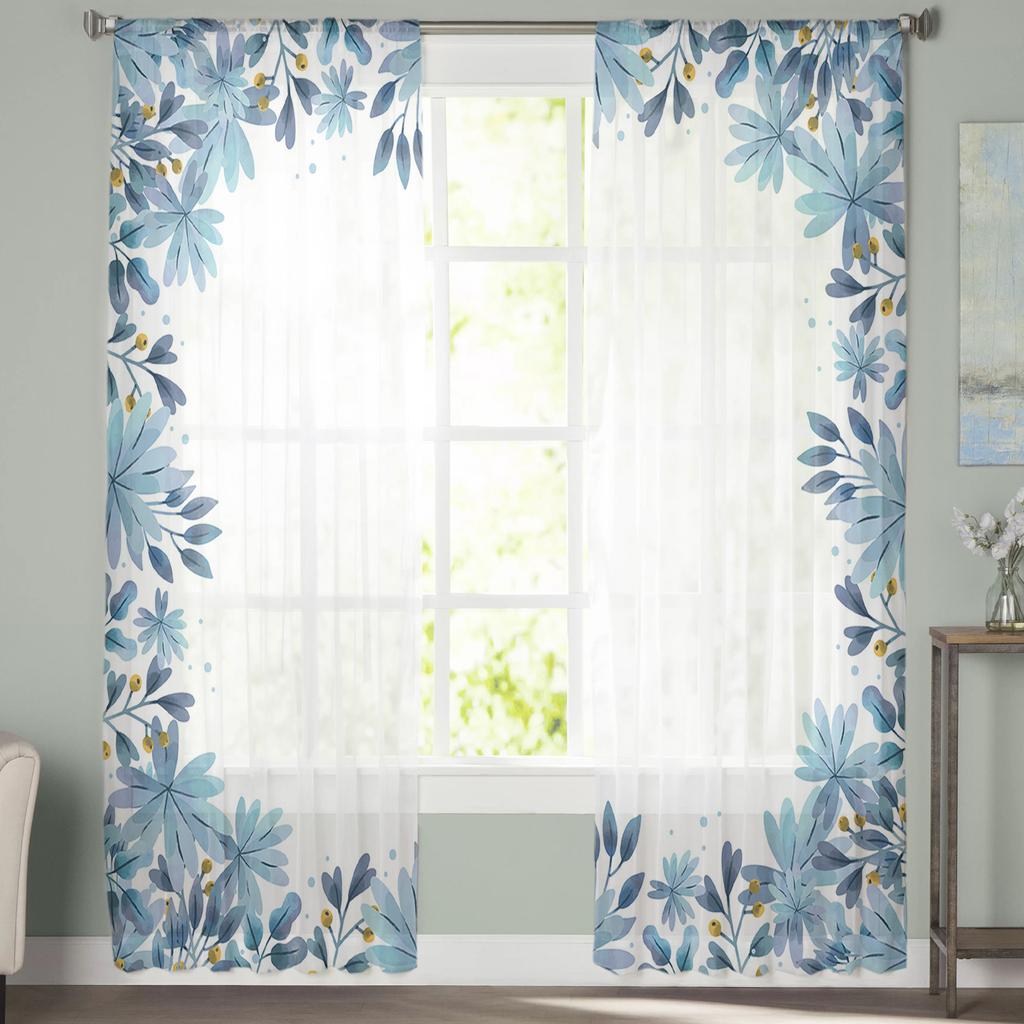 Blue Watercolor Flower Sheer Window Curtains For Living Room Kitchen Children Bedroom Voile Hanging Curtain
