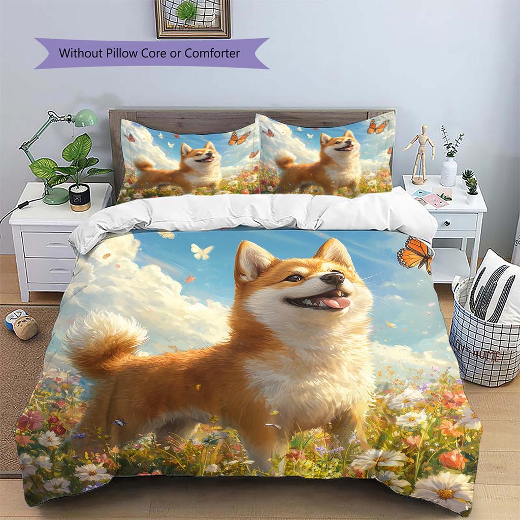 Shiba Inu and Fresh Flowers Pattern Bedding Home Decoration Birthday Gift (1 * duvet cover + 2 * pillowcase, without core)