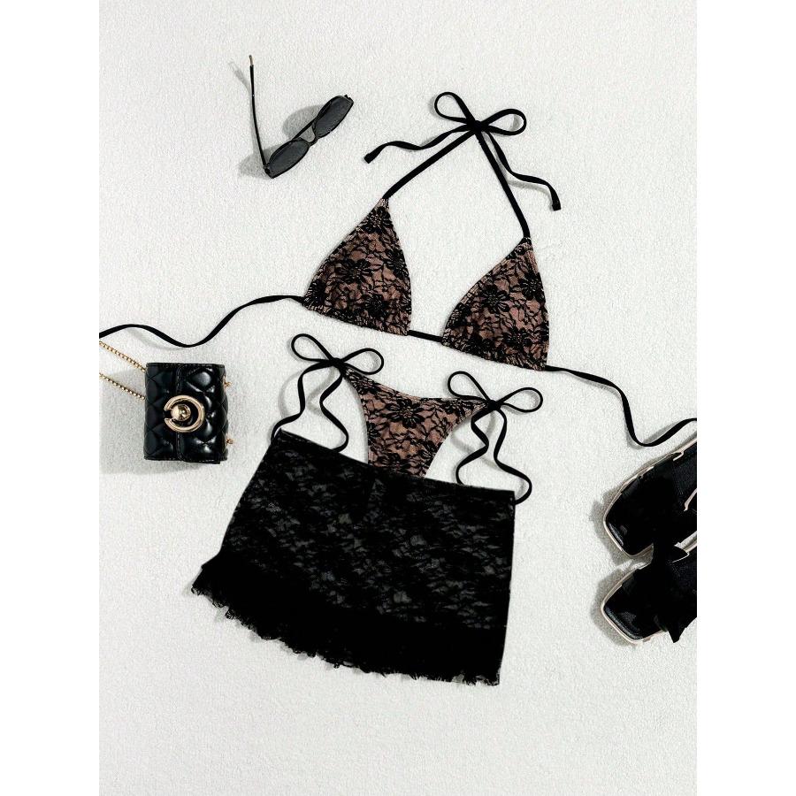 Women s New Three Piece Skirt Set Lace Trimmed Reversible Bikini Swimsuit 0889 KTY S