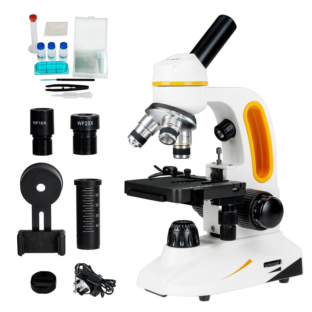 Svbony SM202 Biological Microscope, Compound Monocular, 80-2000x Magnification, High Magnification, Dual Power Supply, Top and Bottom LEDs, X- and