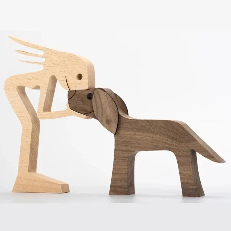 Famiglia Cucciolo Legno Cane Artigianato Figurina Regalo di San Valentino Modello di Intaglio Decorazione per Casa Ufficio Regalo di Natale Decorazione per Coppia