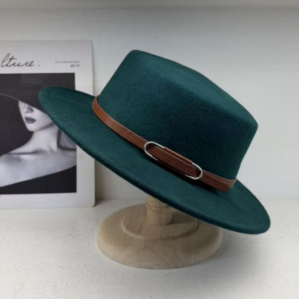 High-end flat-top wool temperament simple top hat women's autumn and winter wide-brimmed belt British style fashion versatile hat men