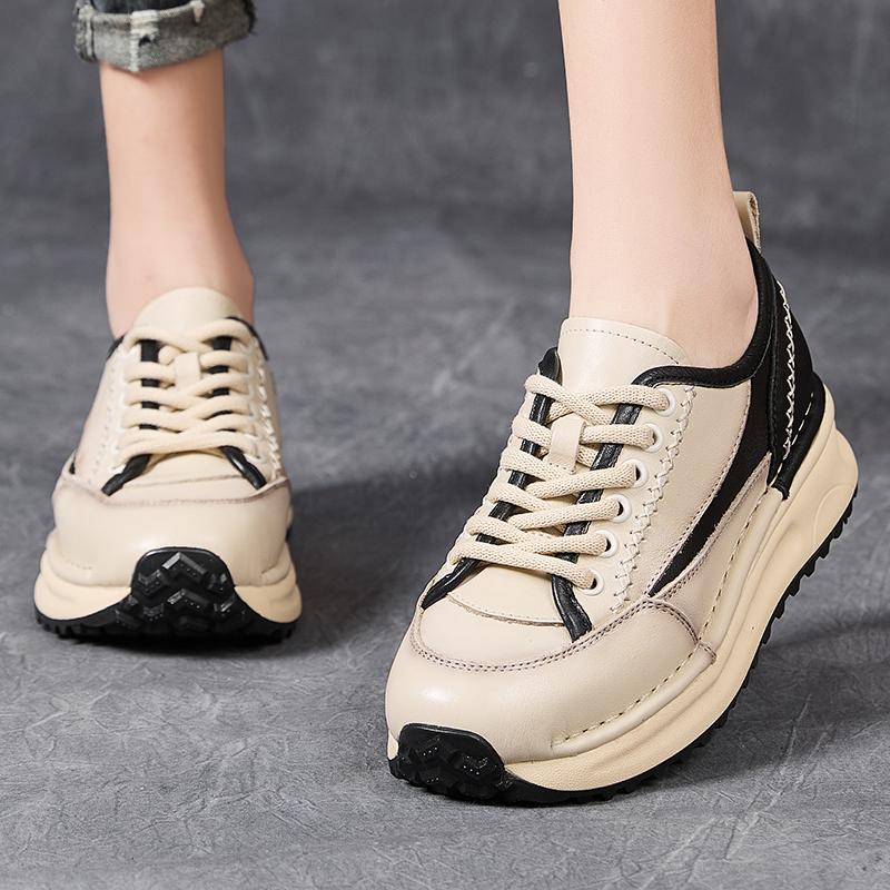 Fashion GKTINOO Sneakers Women New Genuine Leather Retro Flats Thick soled Lace-Up Spring Autumn Lady Handmade Flat Casual Shoes Women