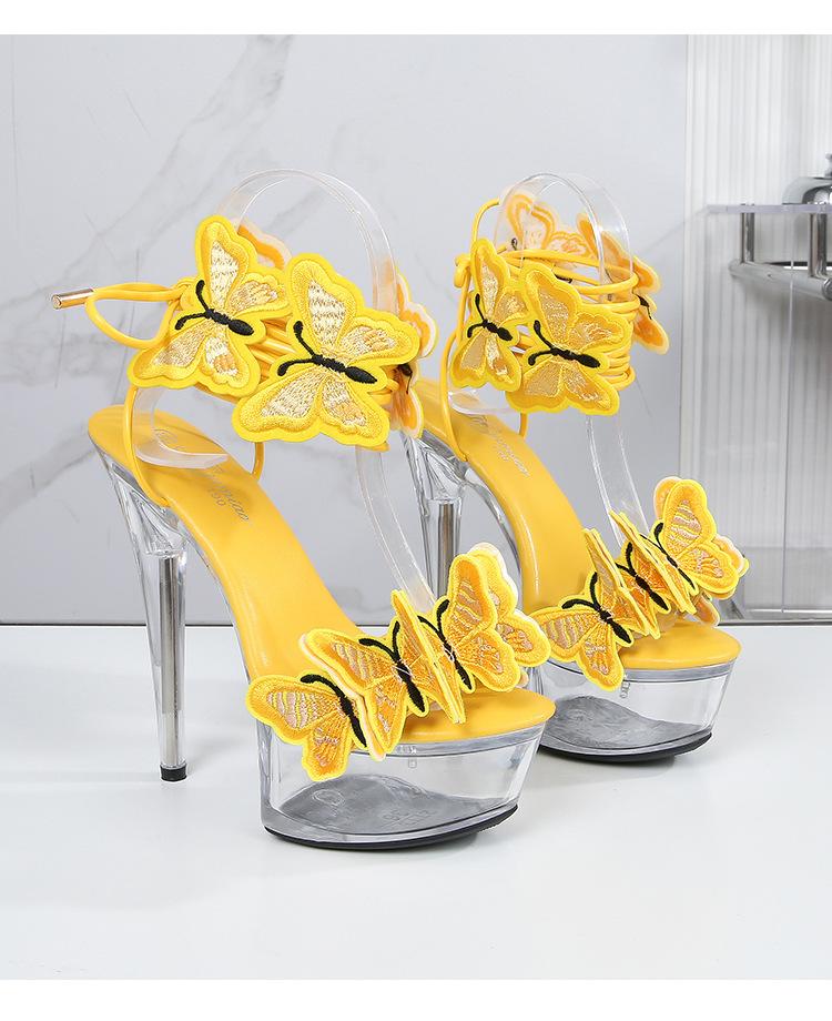 Strap Shoes Butterfly Sexy Super High Heels 15CM Thin Heel Waterproof Platform Sandals Transparent Crystal LFD